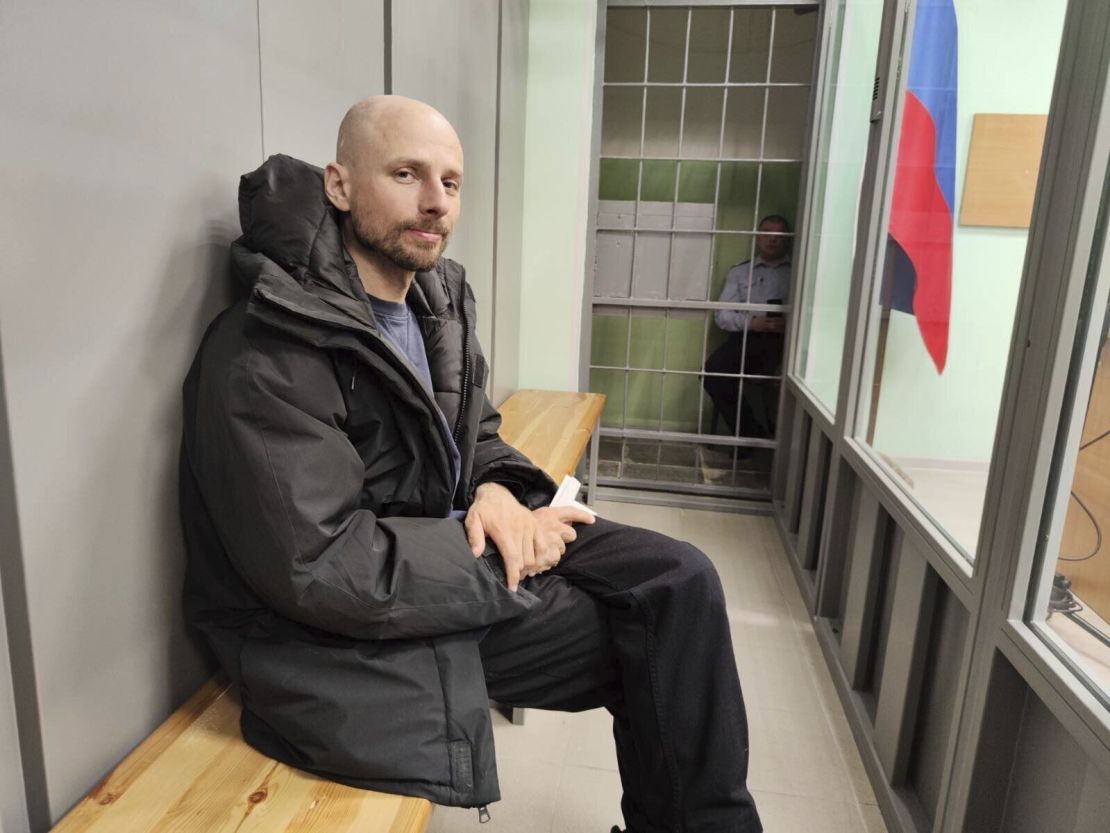 Journalist Sergey Karelin appears in court in Russia's Murmansk region, April 27, 2024.