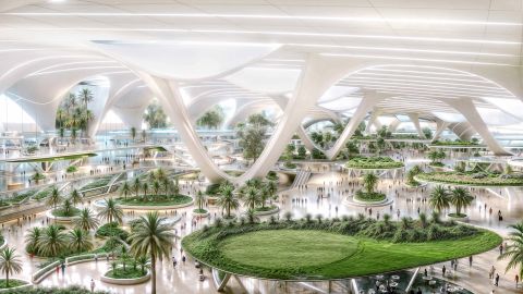 This artist's rendering provided by the government of Dubai shows plans for Al Maktoum International Airport at Dubai World Central in Dubai, United Arab Emirates. Dubai International Airport, the world's busiest for international travel, will move its operations to the city-state's second, sprawling airfield in its southern desert reaches "within the next 10 years" in a project worth nearly $35 billion, its ruler said Sunday, April 28, 2024. (Dubai government via AP)