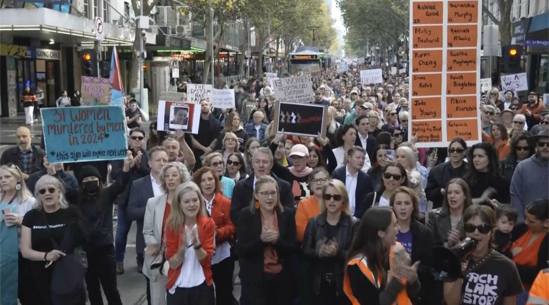 People march and shout slogans during a protest against gender-based violence, in Melbourne, Australia, on April 28.