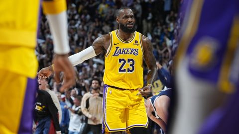 Los Angeles Lakers forward LeBron James reacts as time runs out in the second half of Game 5 of an NBA basketball first-round playoff series against the Denver Nuggets Monday, April 29, 2024, in Denver. (AP Photo/David Zalubowski)