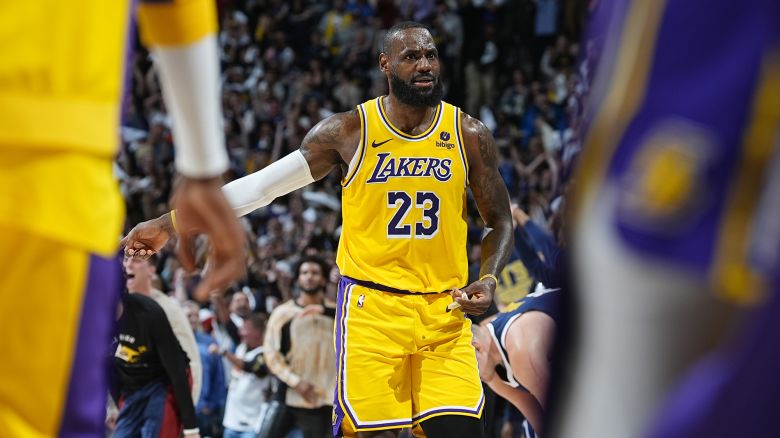 Los Angeles Lakers forward LeBron James reacts as time runs out in the second half of Game 5 of an NBA basketball first-round playoff series against the Denver Nuggets Monday, April 29, 2024, in Denver. (AP Photo/David Zalubowski)