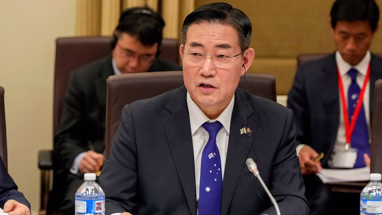 South Korea's National Defense Minister Shin Won-sik speaks during a meeting in Melbourne, Australia, on May 1.