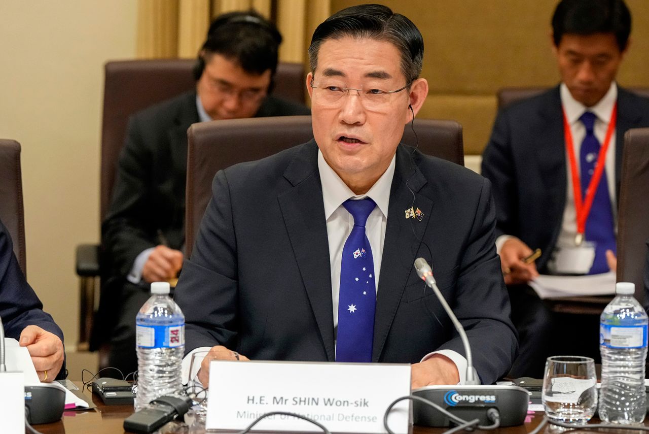 South Korea's National Defense Minister Shin Won-sik speaks during a meeting in Melbourne, Australia, on May 1.