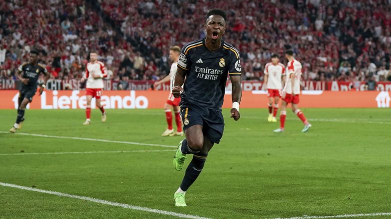 Munich, Germany, April 30th 2024: Vinicius Junior (7 Real Madrid) celebrates after scoring his teams second goal during the UEFA Champions League semifinal football match between FC Bayern Munich and Real Madrid at Allianz Arena in Munich, Germany. (Daniela Porcelli / SPP) (Photo by Daniela Porcelli / SPP/Sipa USA)(Sipa via AP Images)