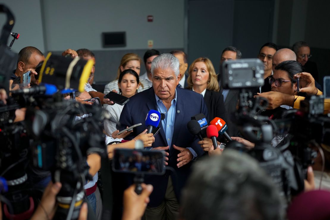 Achieving Goals presidential candidate José Raúl Mulino speaks with reporters after meeting with members of the Electoral Observation Mission, in Panama City, Wednesday, May 1, 2024.