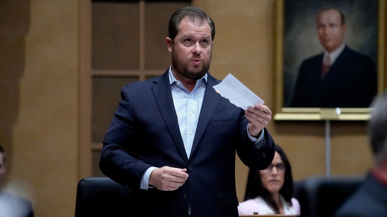 Arizona state Sen. Jake Hoffman speaks May 1, 2024, at the state Capitol in Phoenix.