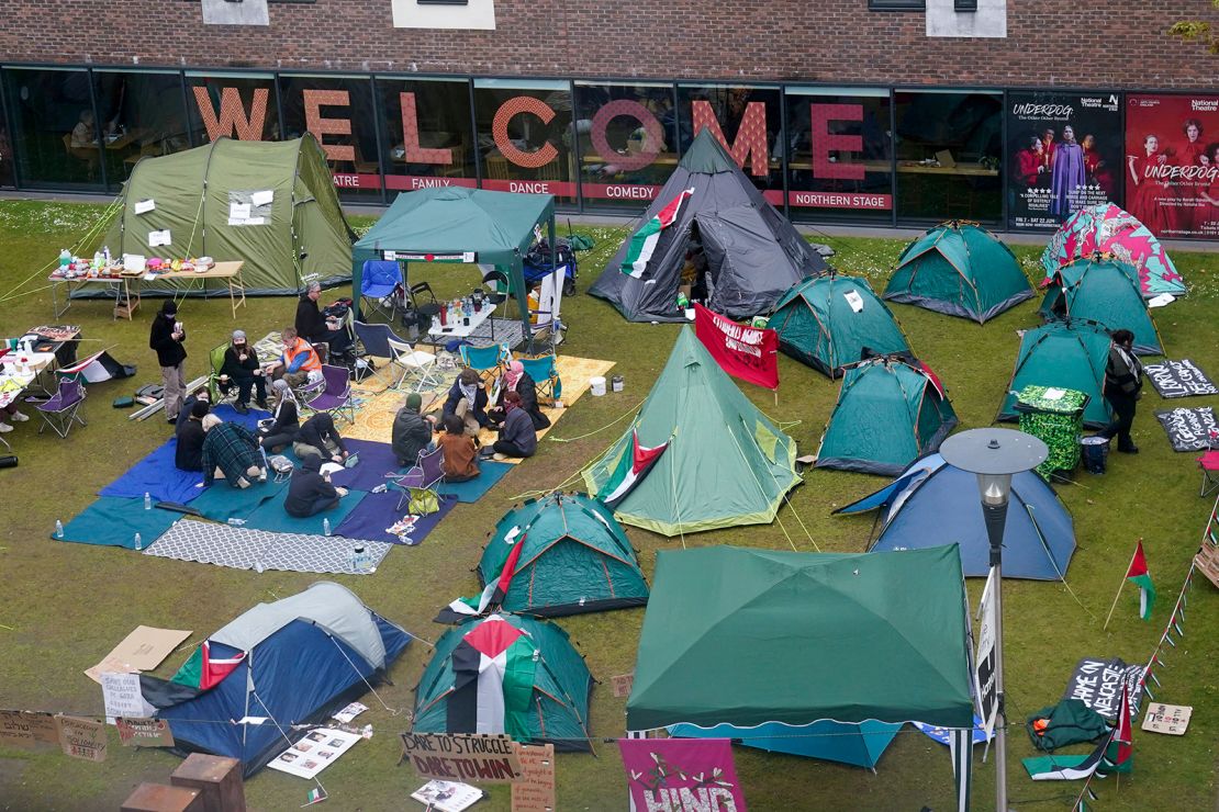 Tents are set up at an encampment on the grounds of Newcastle University in protest against the war in Gaza, in Newcastle, England, on May 2, 2024.
