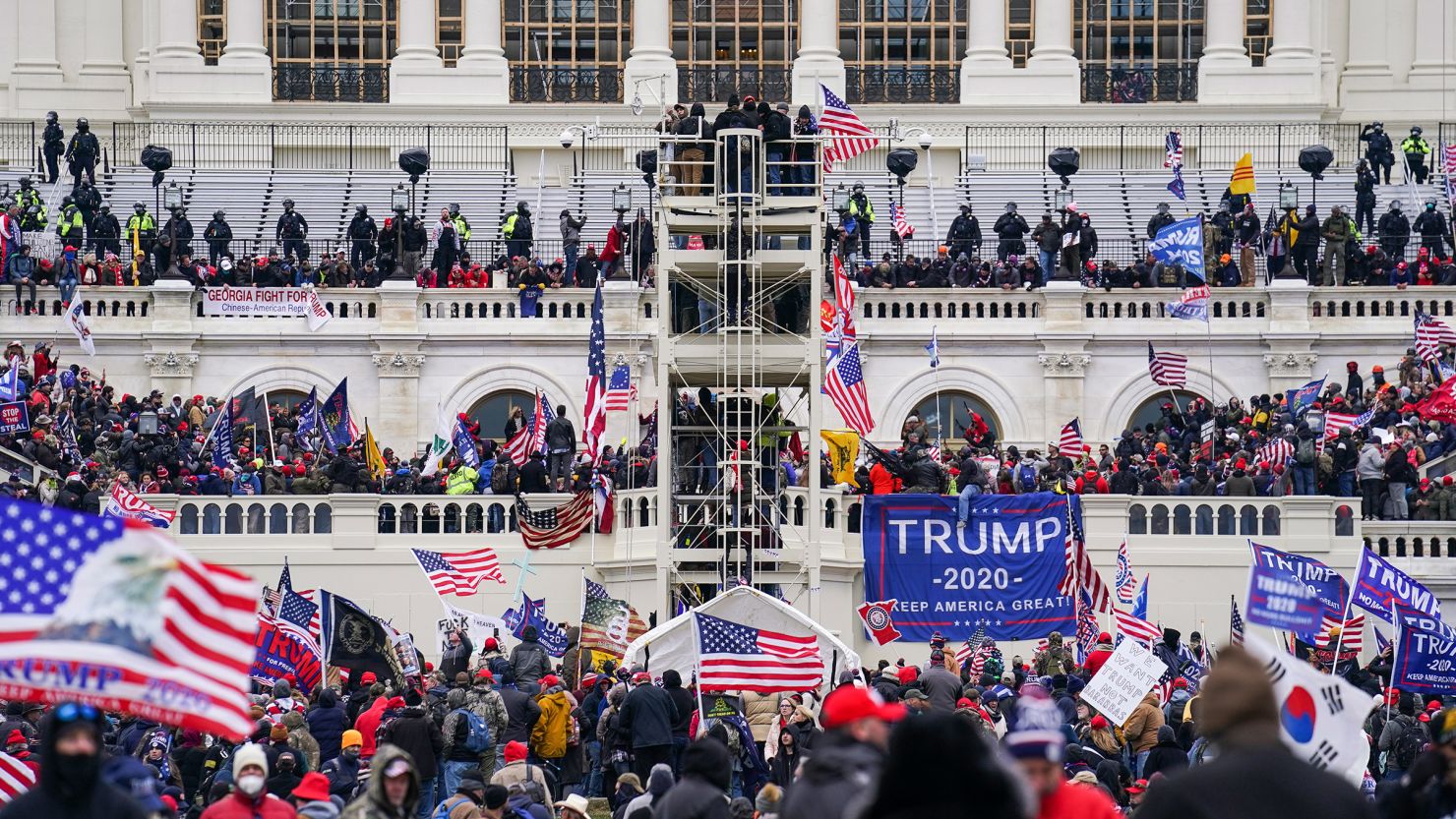 Insurrectionists loyal to President Donald Trump breach the US Capitol in Washington, DC, on January 6, 2021.