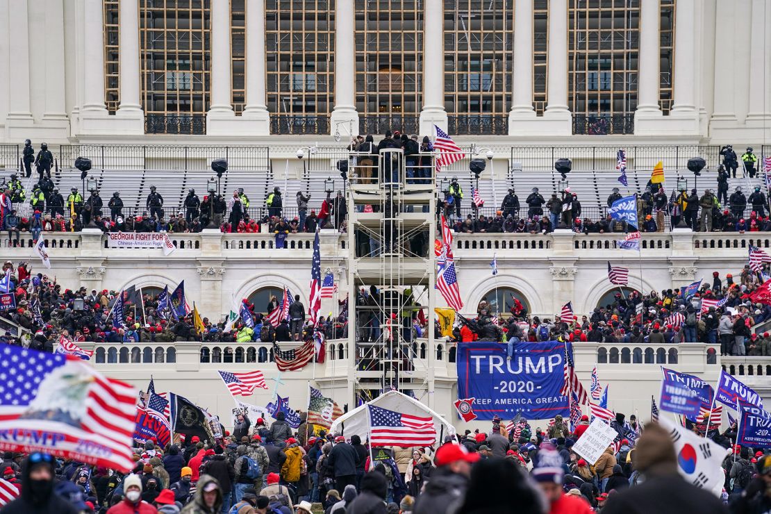 Insurrectionists loyal to President Donald Trump breach the US Capitol in Washington, DC, on January 6, 2021.