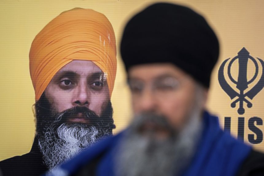 A photo of Hardeep Singh Nijjar is seen during a news conference on Friday, May 3, 2024.