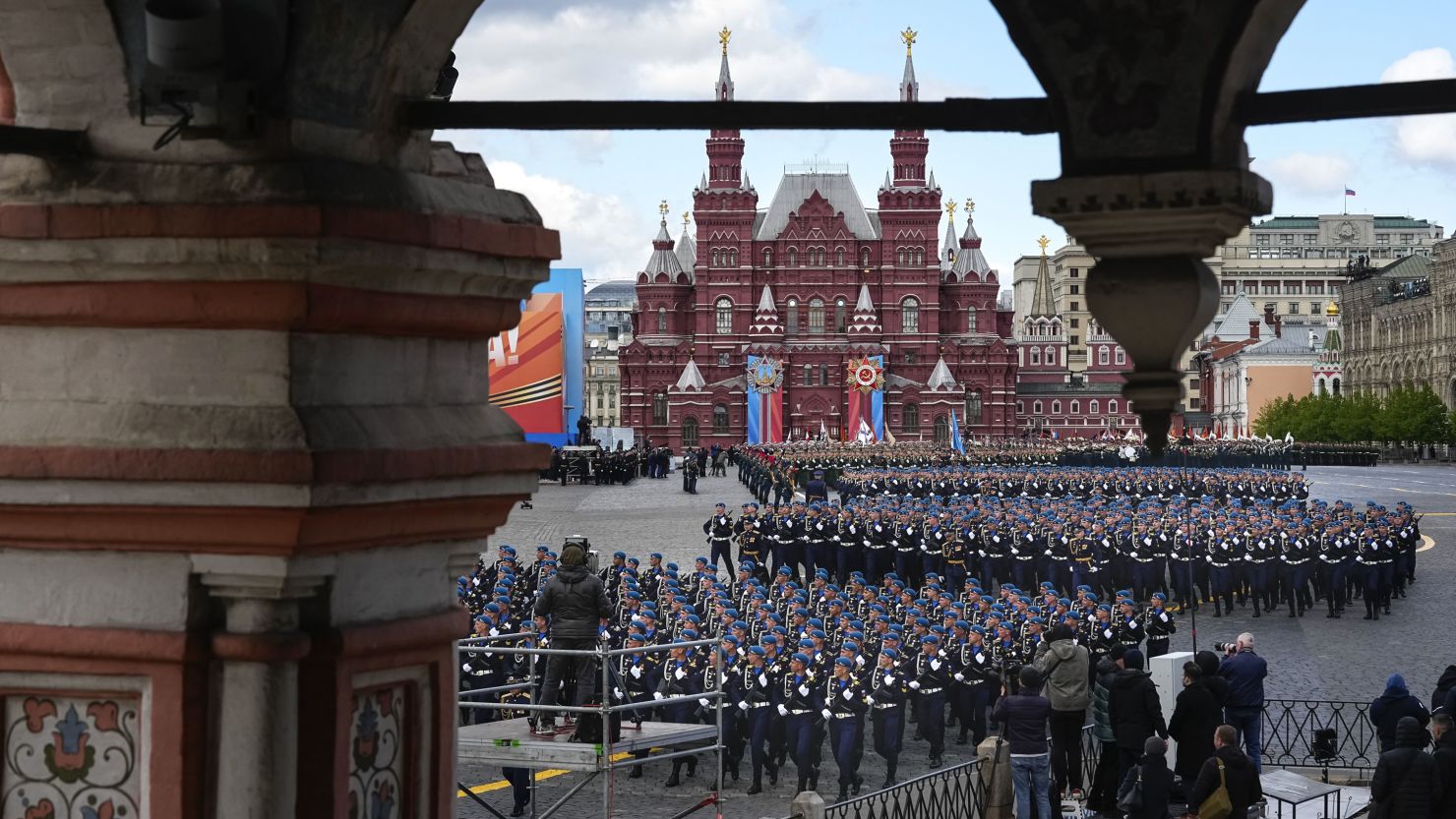Russian soldiers march during the Victory Day military parade dress rehearsal at Red Square in Moscow, on May 5. The parade will take place on May 9, marking the 79th anniversary of victory in the Second World War.