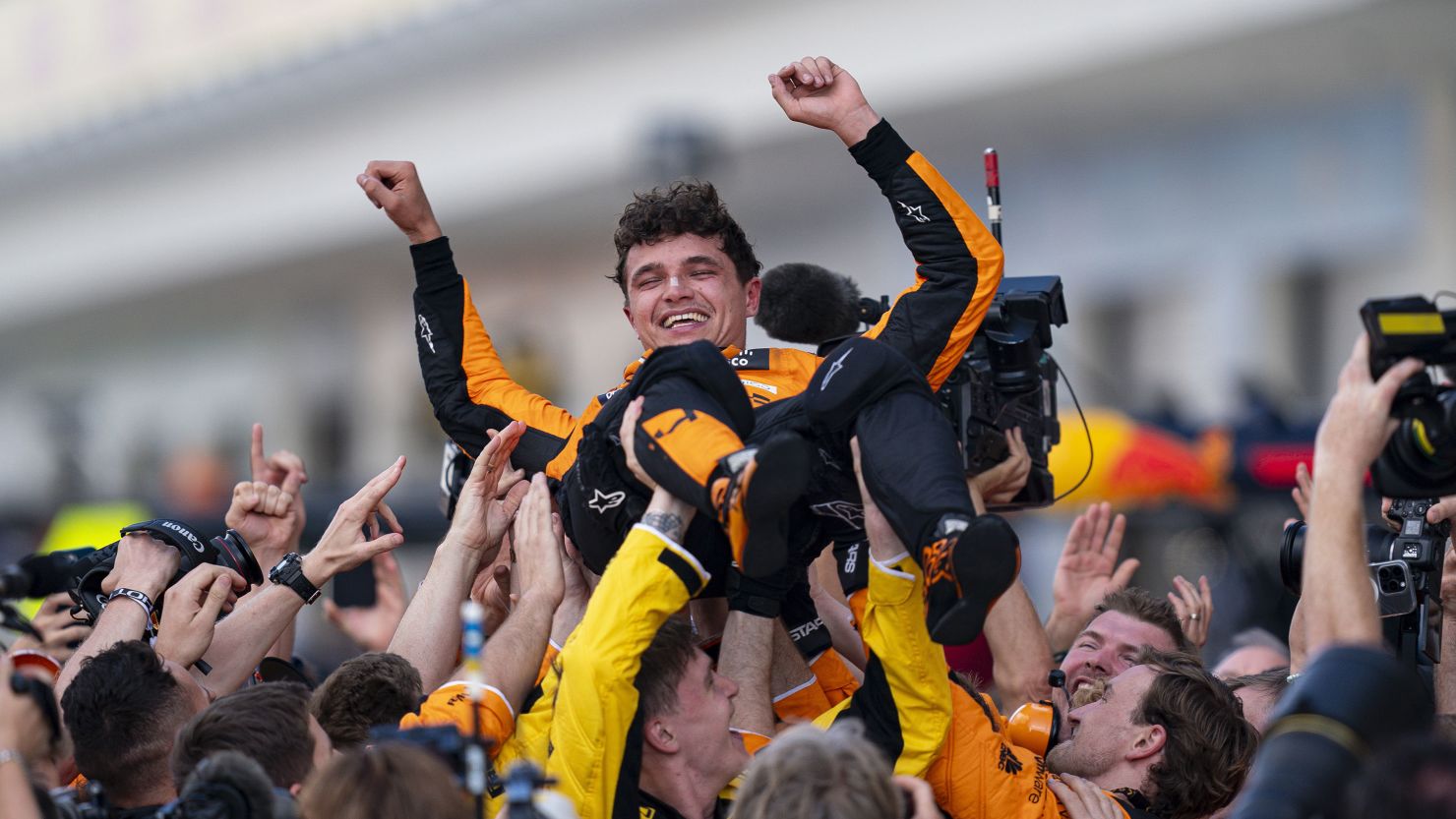 Lando Norris celebrates winning the 2024 Miami Grand Prix.