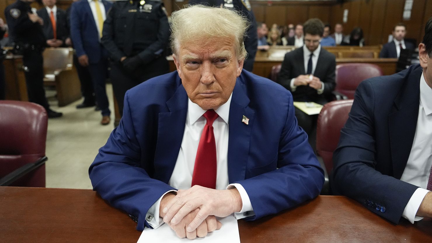 Former President Donald Trump awaits the start of proceedings in his trial at Manhattan criminal court on May 6, 2024.