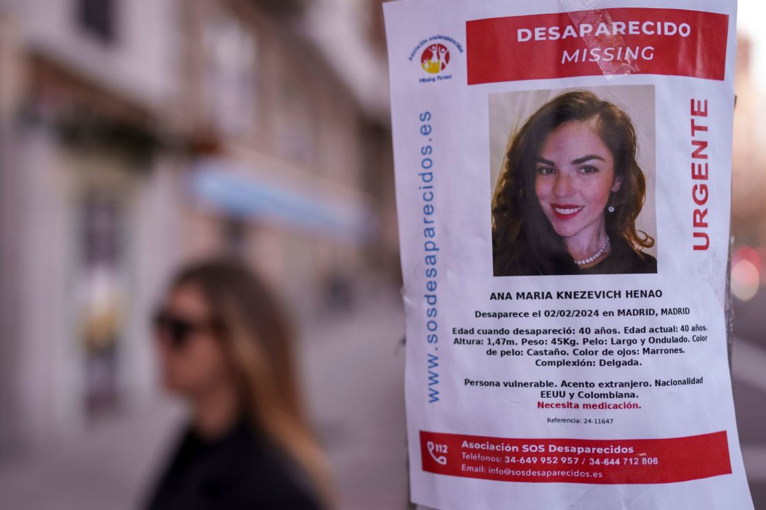 A poster shows Ana Maria Knezevich Henao, 40, who vanished in Madrid in February.