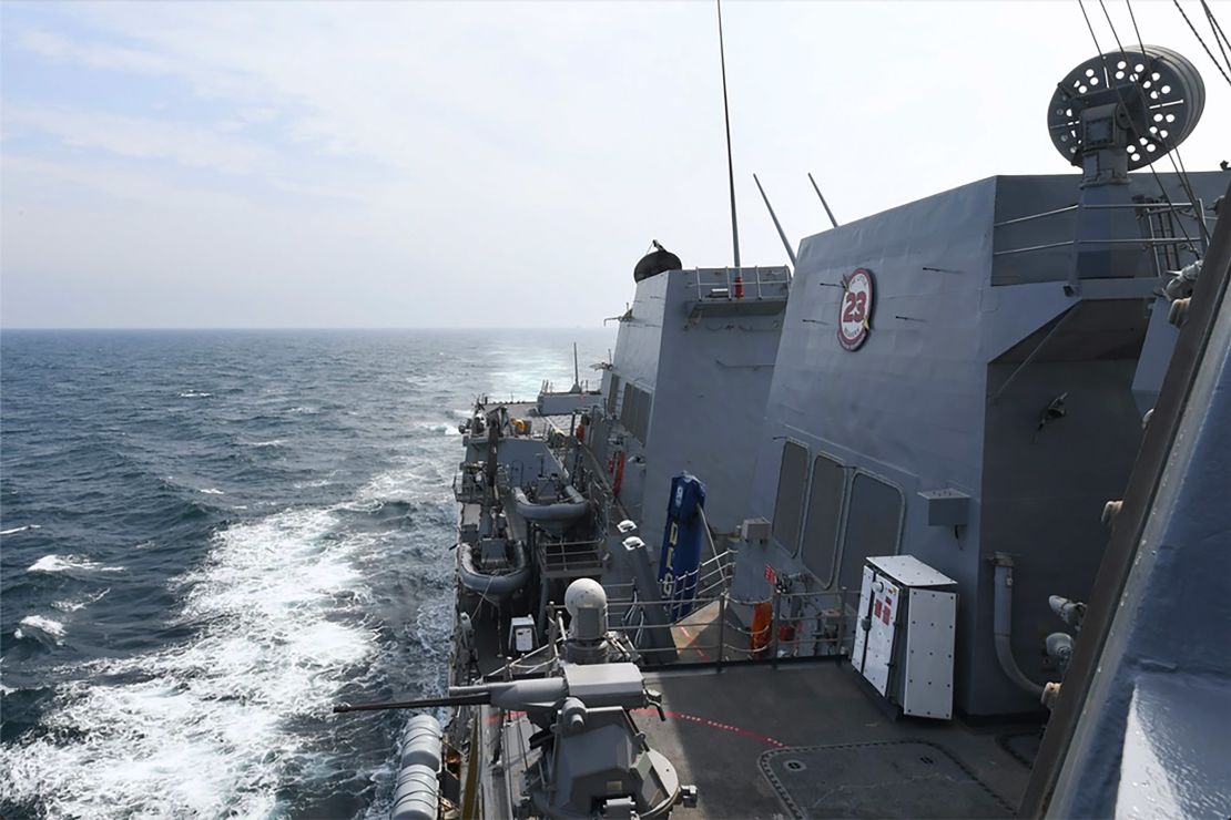 In this photo provided by the US Navy, the Arleigh Burke-class guided-missile destroyer USS Halsey conducts routine underway operations while transiting through the Taiwan Strait on May 8, 2024.