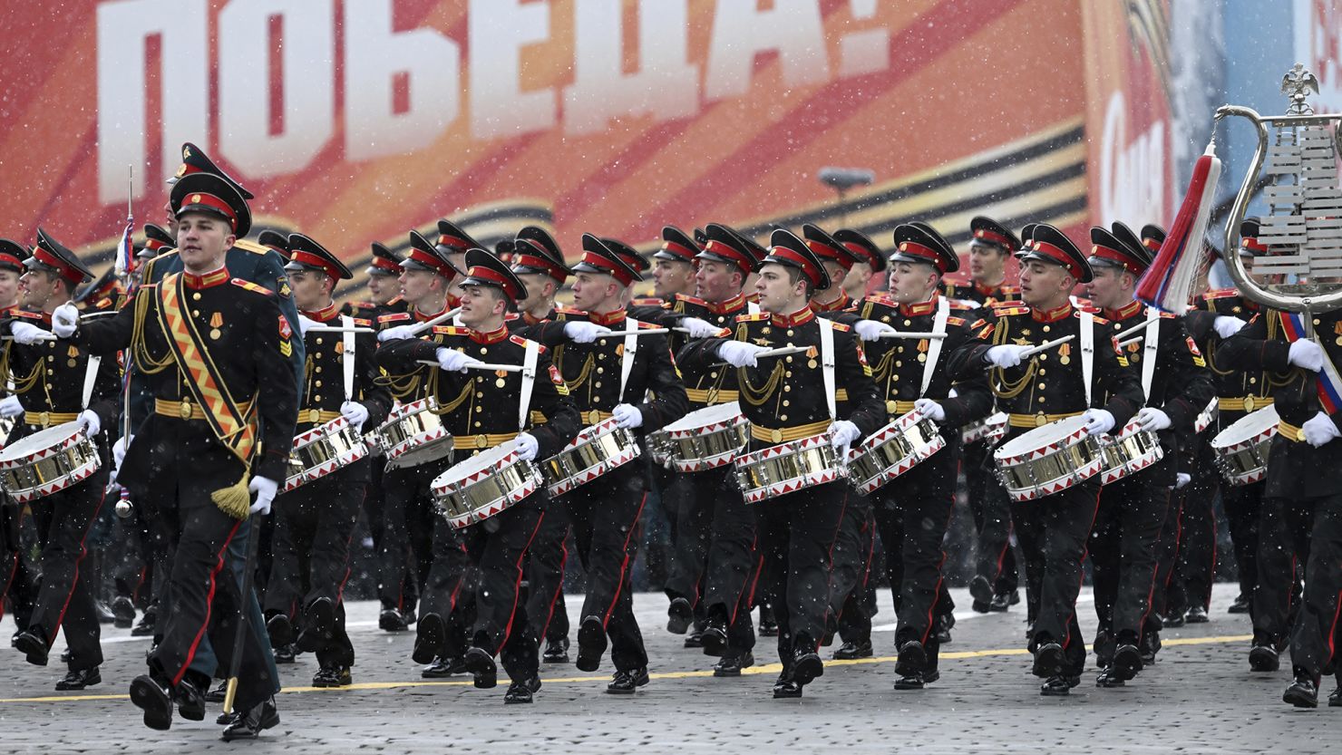 Drummers of the Moscow Military Music College during a military parade on Victory Day.