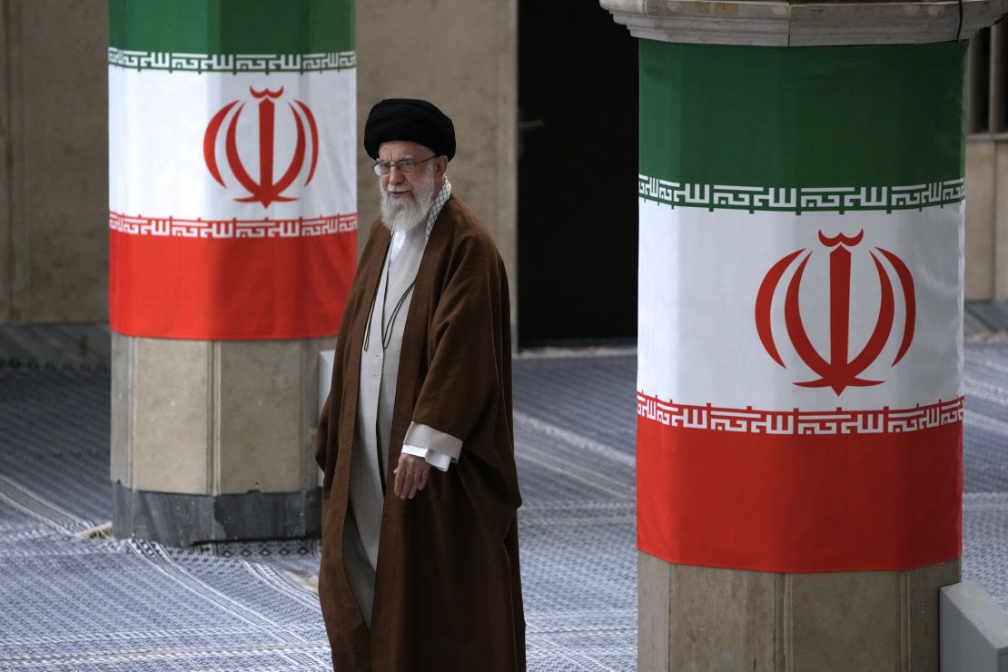 Iranian Supreme Leader Ayatollah Ali Khamenei arrives to vote for the parliamentary runoff elections, in Tehran, Iran, Friday, May 10, 2024.