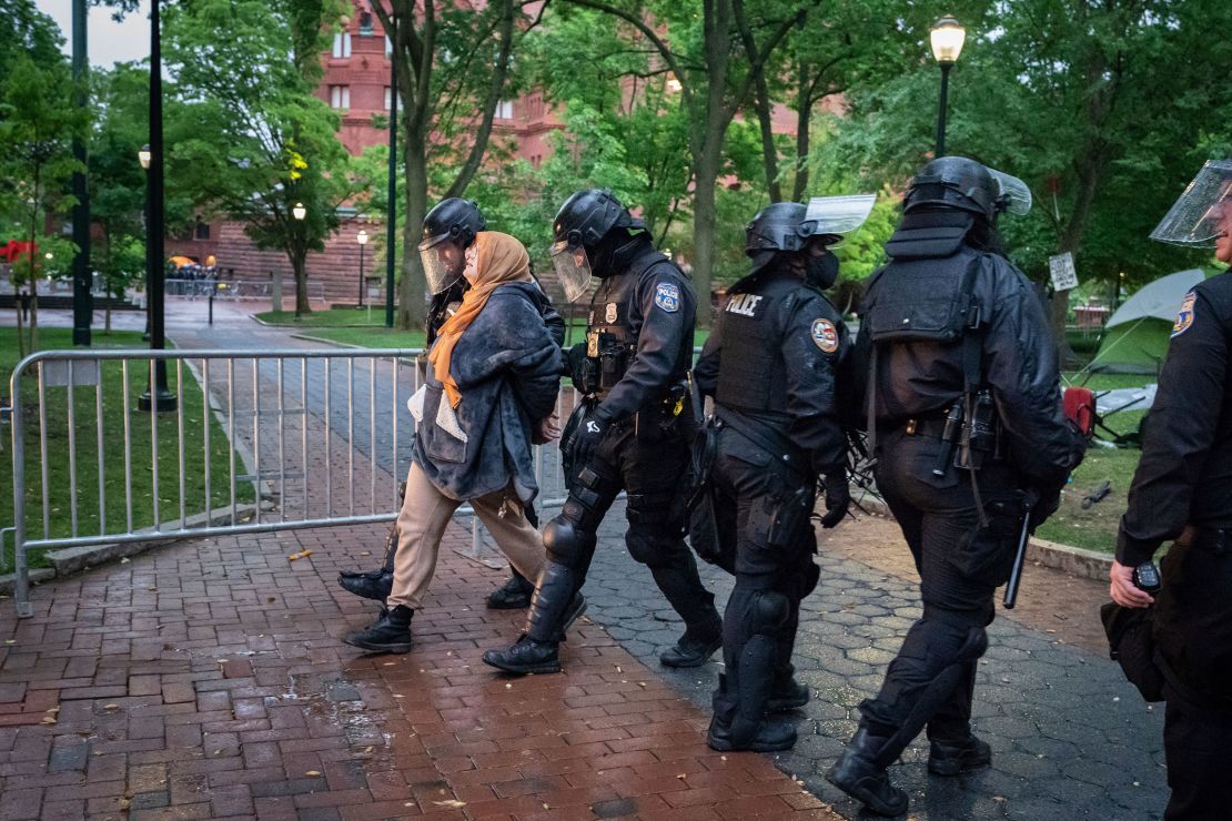 Police detain a protester on the University of Pennsylvania campus in Philadelphia on Friday.