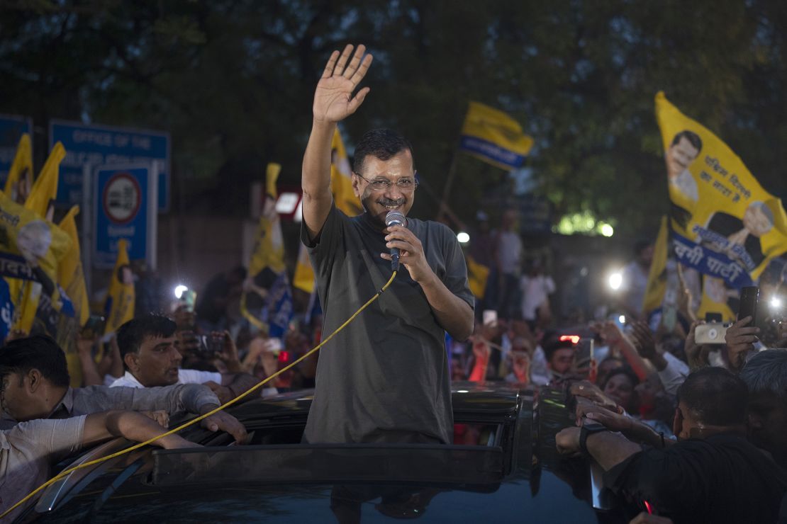Aam Aadmi Party leader Arvind Kejriwal greets supporters after his release from Tihar Jail in New Delhi, India, Friday, May 10, 2024.