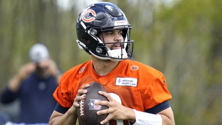 Chicago Bears quarterback Caleb Williams looks to a throw during the NFL football team's rookie camp at Halas Hall in Lake Forest, Ill., Friday, May 10, 2024. (AP Photo/Nam Y. Huh)