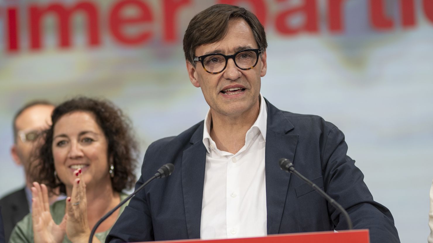 Salvador Illa gives a news conference at the Socialist party headquarters in Barcelona on May 12.