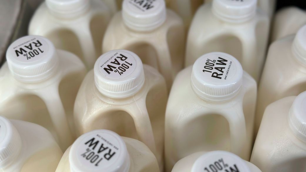 Bottles of raw milk are displayed for sale at a store in Temecula, Calif., on Wednesday, May 8, 2024. (AP Photo/JoNel Aleccia)