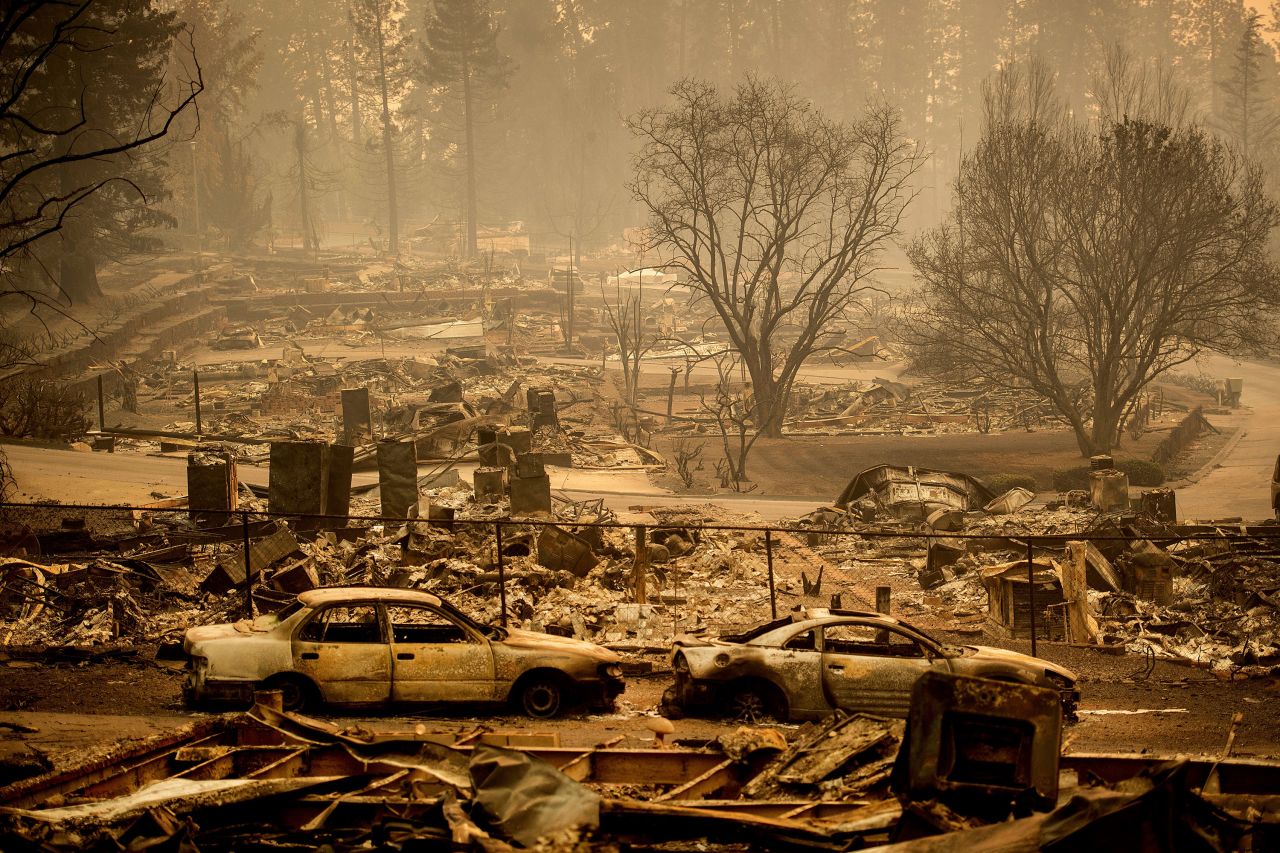 Homes leveled by the Camp Fire line a development on Edgewood Lane in Paradise, California, on November 12, 2018.