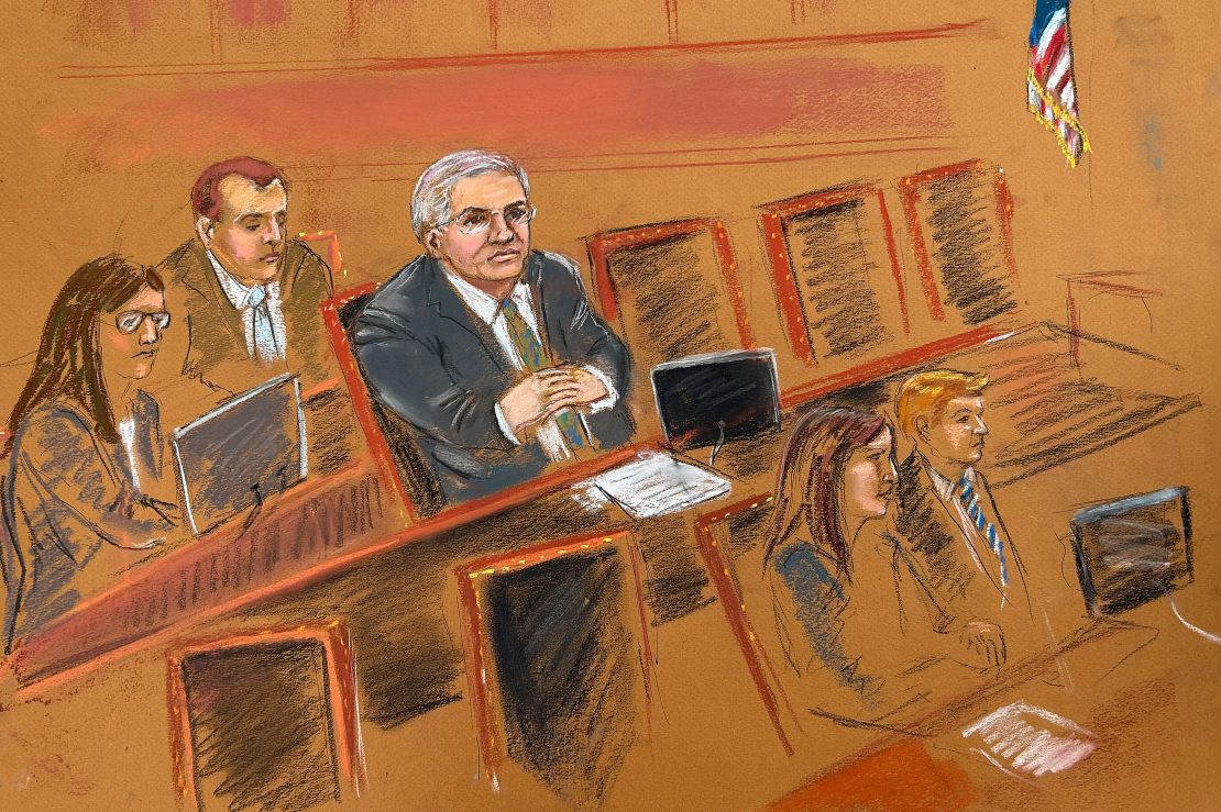 In this sketch, Menendez, center, sits with his defense team during jury selection on May 14, 2024, at federal court in New York City.