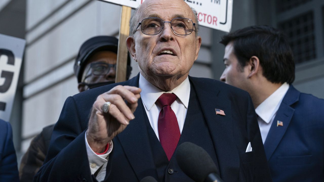 FILE - Former Mayor of New York Rudy Giuliani speaks during a news conference outside the federal courthouse in Washington, Dec. 15, 2023. A New York bankruptcy judge rejected Giuliani's request to pursue an appeal of a $148 million defamation judgment for spreading lies about the the 2020 election and said he was “disturbed” by the lack of progress in the five-month-old case on Tuesday, May 14, 2024. (AP Photo/Jose Luis Magana, File)