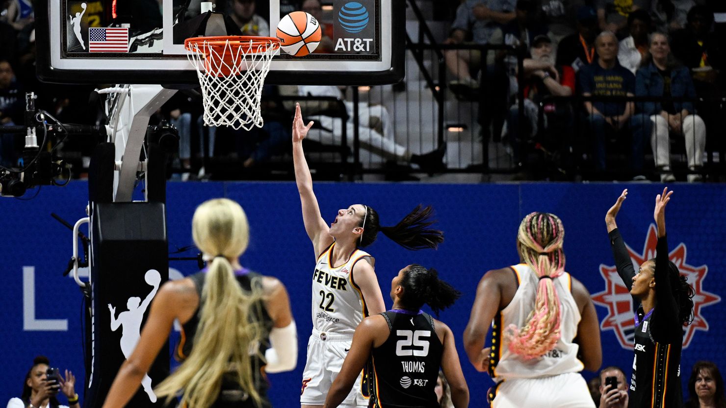 Indiana Fever guard Caitlin Clark scores her first WNBA regular season basket against during a game against the Connecticut Sun in Uncasville, Connecticut on Tuesday, May 14.