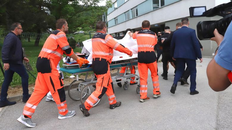 Rescue workers take Slovak Prime Minister Robert Fico, who was shot and injured, to a hospital in the town of Banska Bystrica, central Slovakia, Wednesday, May 15, 2024. Slovakia’s populist Prime Minister Robert Fico is in life-threatening condition after being wounded in a shooting Wednesday afternoon, according to his Facebook profile. (Jan Kroslak/TASR via AP)