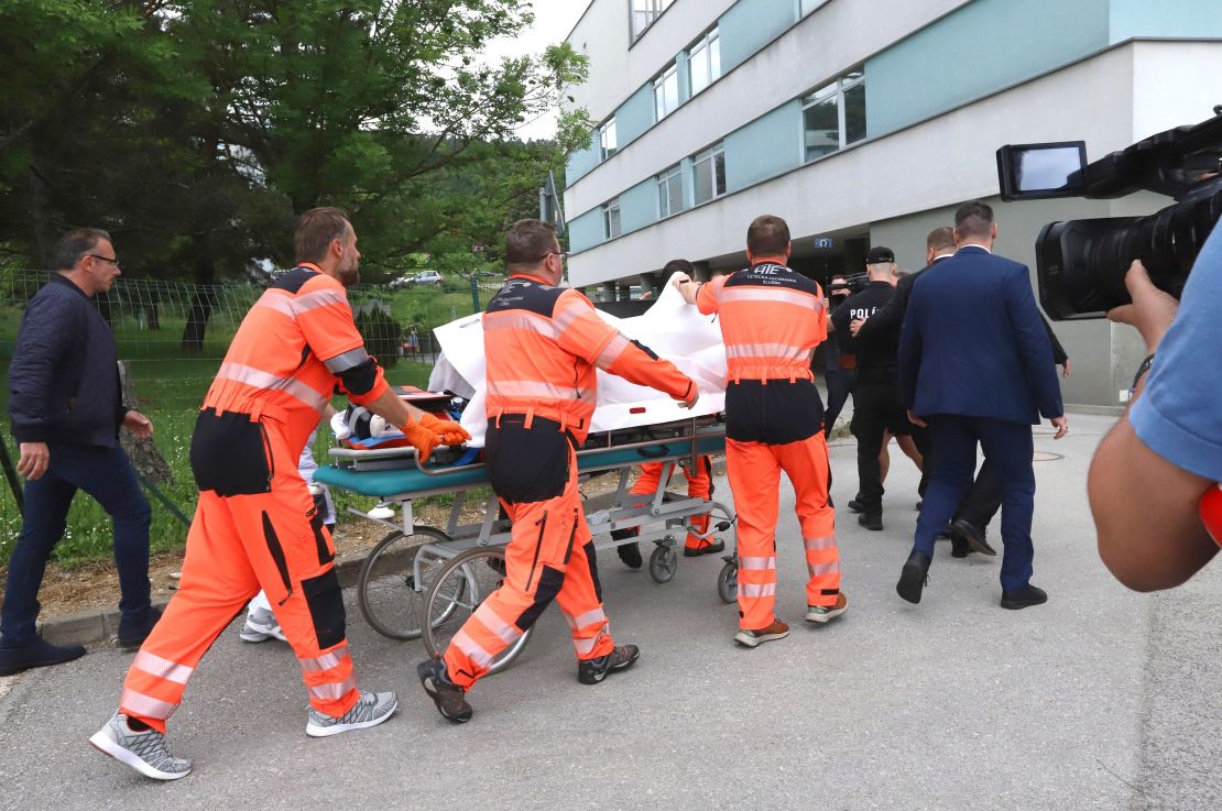 Robert Fico is transported into a hospital in the town of Banska Bystrica after he was wounded in a shooting.