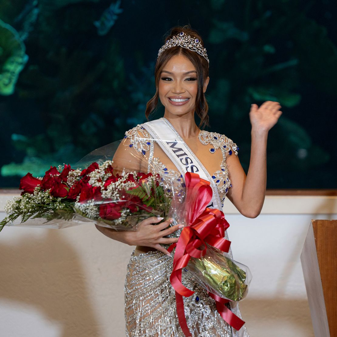 Miss Hawaii 2023 Savannah Gankiewicz at her Miss USA coronation in Honolulu. She filled the role after Voigt resigned.