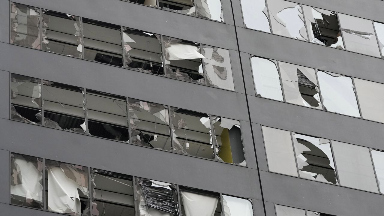 Blown out windows on a high-rise downtown building are shown in the aftermath of a severe thunderstorm Friday, May 17, 2024, in Houston. Thunderstorms pummeled southeastern Texas on Thursday killing at least four people, blowing out windows in high-rise buildings and knocking out power to more than 900,000 homes and businesses in the Houston area.