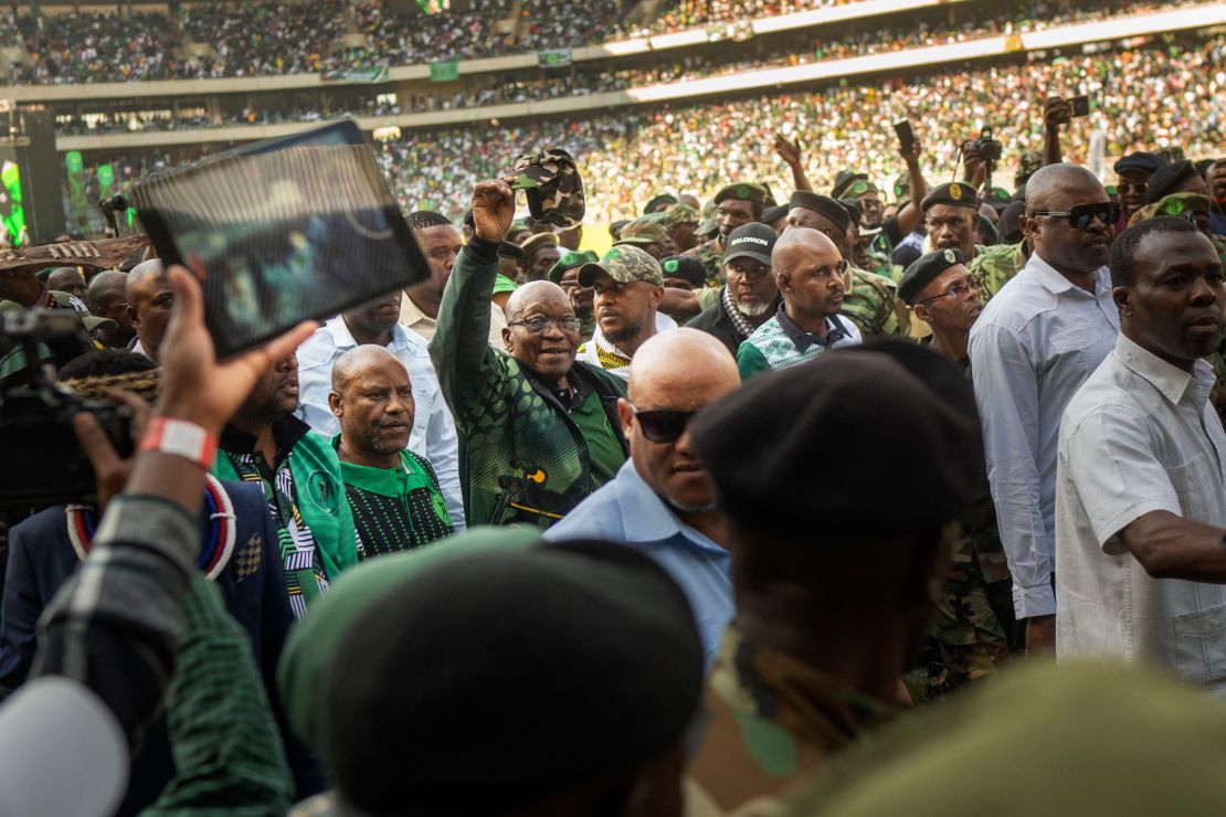 Former South African President Jacob Zuma arrives at Orlando stadium in the township of Soweto, Johannesburg, for the launch of his MK party's manifesto on May 18, 2024, a little over a week before national elections.