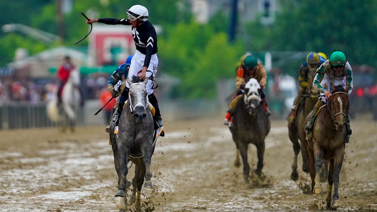 Jaime Torres, left, atop Seize The Grey, reacts after winning the Preakness Stakes horse race at Pimlico Race Course in Baltimore on Saturday, May 18.
