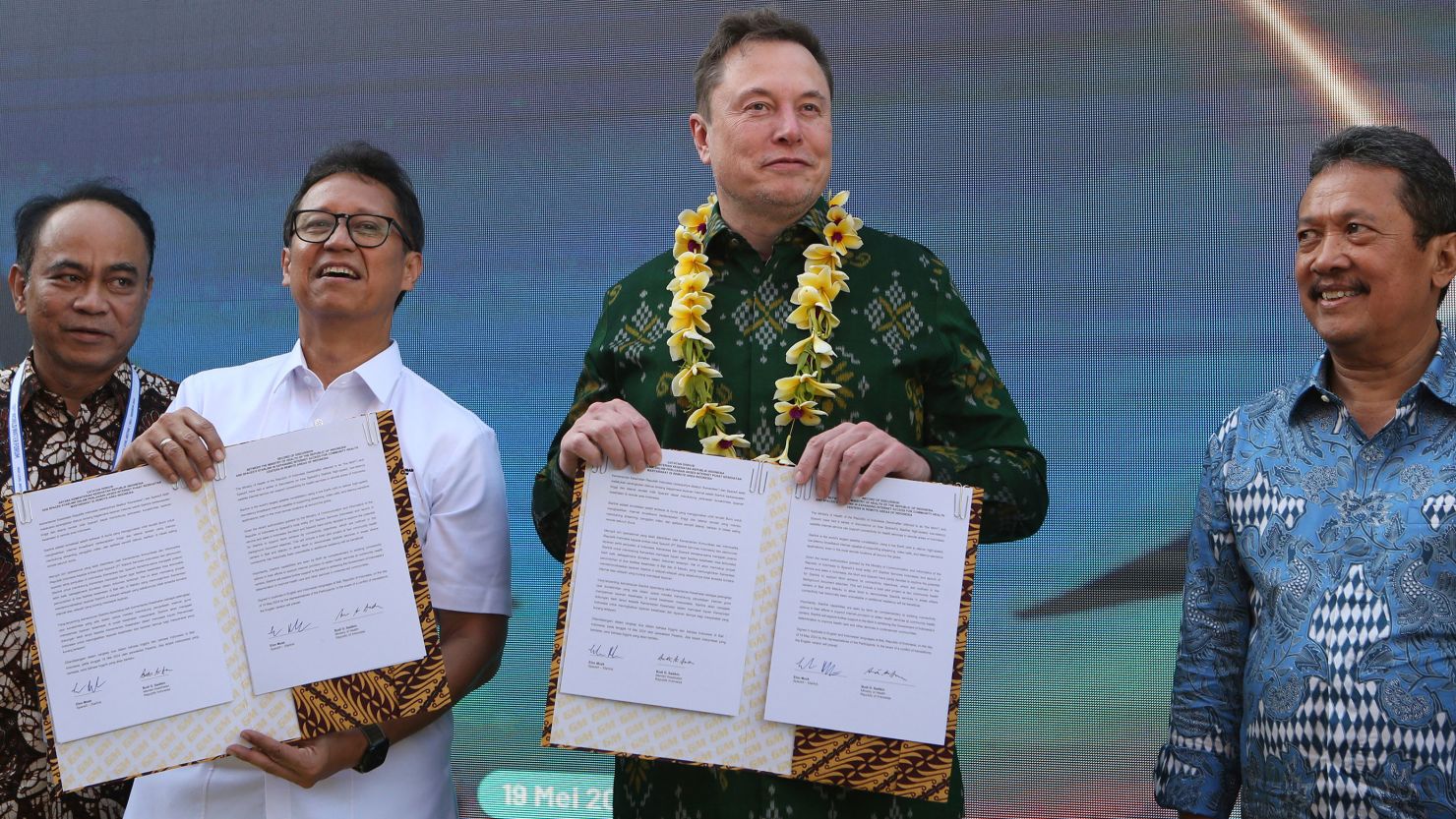 Indonesian Minister of Health Budi Gunadi Sadikin, second from left, and Elon Musk, second from right, sign an agreement on enhancing connectivity at a public health center in Denpasar, Bali, Indonesia on May 19, 2024.