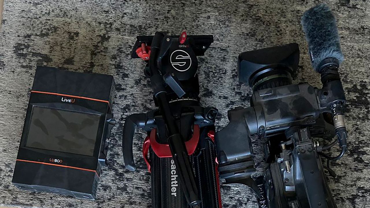 AP video equipment is laid on the floor of an apartment block in Sderot, Southern Israel, shortly before it was seized by Israeli officials, Tuesday, May 21, 2024. Israeli officials seized the camera and broadcasting equipment belonging to The Associated Press in southern Israel on Tuesday, accusing the news organization of violating the country's new ban on Al Jazeera. Shortly before the equipment was seized, it was broadcasting a general view of northern Gaza.