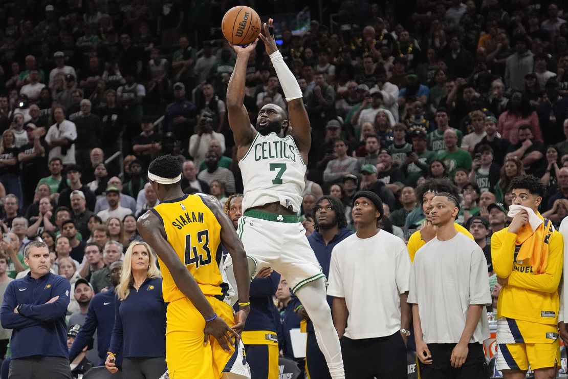 Boston Celtics guard Jaylen Brown forced the game into overtime with a three-pointer in the final seconds of regulation.