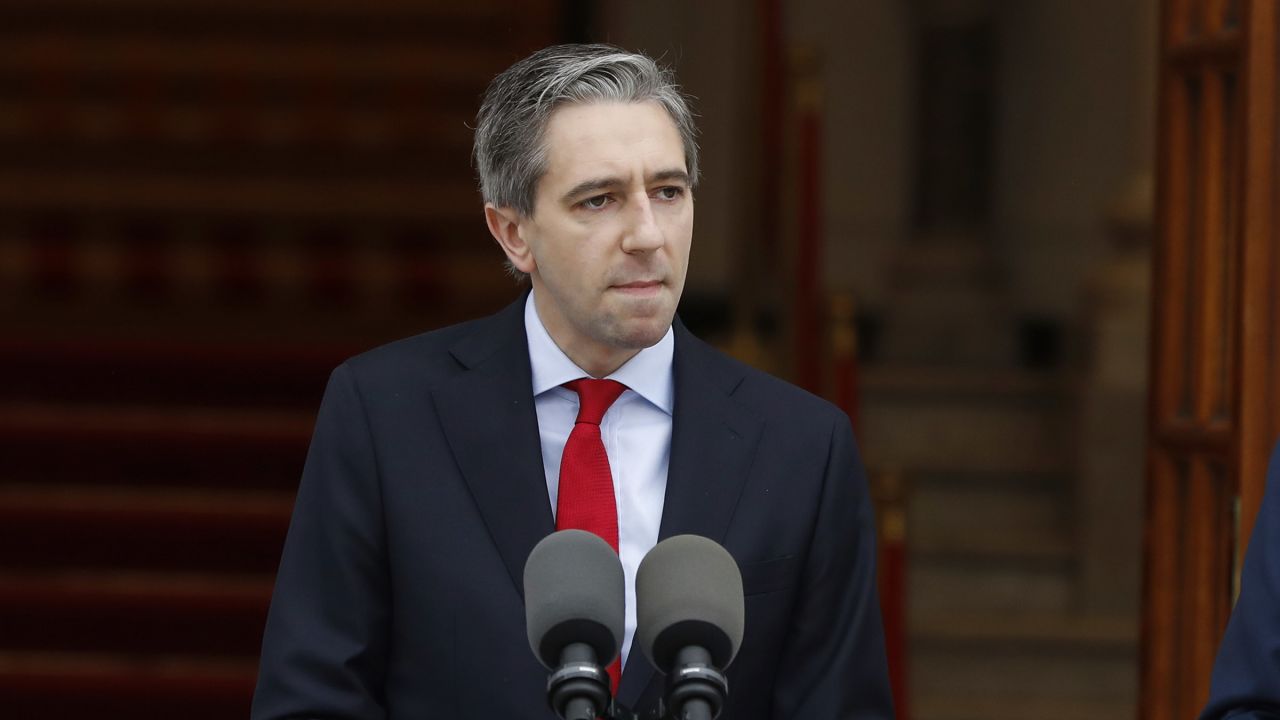 Irish Prime Minister Simon Harris speaks to the media during a press conference, declaring the Republic of Ireland would recognize the state of Palestine, outside the Government Buildings, in Dublin, Ireland, on May 22, 2024.