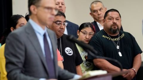 Families of the victims in the Uvalde elementary school shooting listen to attorney Josh Koskoff during a news conference on Wednesday, May 22, 2024.