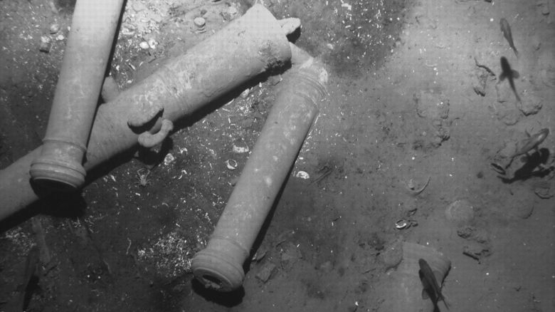 This undated photo taken by Colombia's Anthropology and History Institute, shows sunken remains from the San Jose on the sea floor off Cartagena, Colombia.