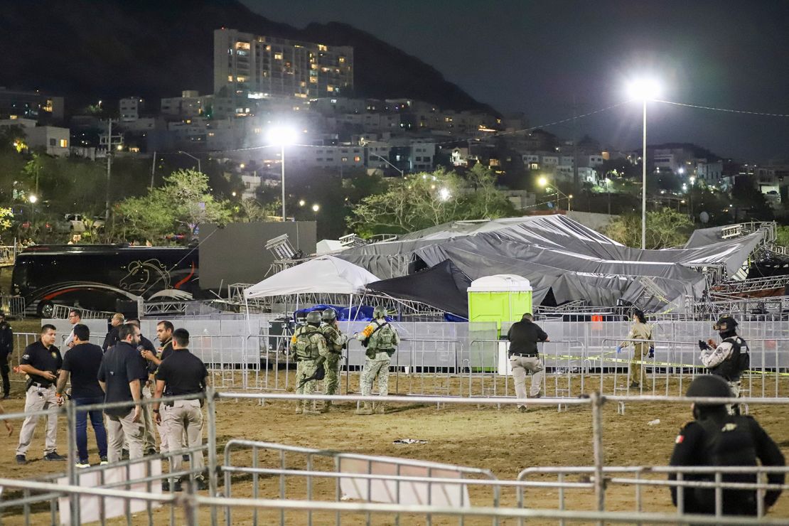 Security forces stand around a stage that collapsed due to a gust of wind during an event attended by presidential candidate Jorge Álvarez Máynez in San Pedro Garza García, on May 22, 2024.