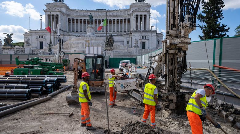 A view of the construction site of the new 25.5-kilometer Metro C subway main hub in Piazza Venezia in central Rome, Thursday, May 23, 2024. During a tour Thursday of the construction site at Piazza Venezia, chief engineer Andrea Sciotti said works on the nearly 3 billion euro project, considered one of the most complicated in the world, were running at pace to be completed by 2034. In the background the Unknown Soldier monument. (AP Photo/Domenico Stinellis)