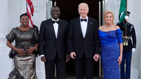 President Joe Biden and first lady Jill Biden welcome Kenya's President William Ruto and first lady Rachel Ruto to the White House in Washington for a State Dinner, Thursday, May 23, 2024. (AP Photo/Susan Walsh)