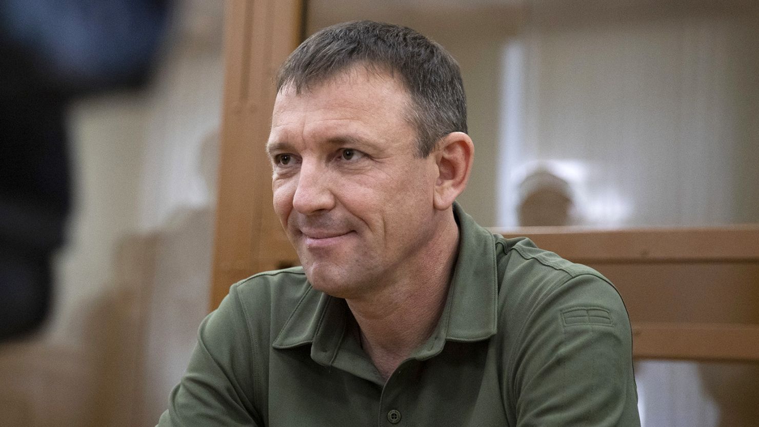 Maj. Gen. Ivan Popov, the commander of the 58th Army, sits after a court session in Moscow, Russia, on Friday, May 24, 2024.