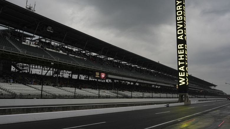 A weather advisory is posted and fans have been asked to clear the stands as storm clouds move in over the Indianapolis Motor Speedway forcing a delay for the Indianapolis 500 auto race at Indianapolis Motor Speedway in Indianapolis, Sunday, May 26, 2024.
