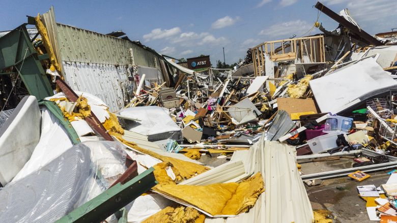 The Home Town Flea Market was severly damaged from the storm, Sunday, May 26, 2024, in Rogers, Ark.