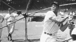 New York Giants' Willie Mays, takes a batting practice swing on June 24, 1954, in New York. Major League Baseball said Tuesday, May 28, 2024, that it has incorporated records for more than 2,300 Negro Leagues players following a three-year research project. Mays was credited with 10 hits for the 1948 Birmingham Black Barons of the Negro American League, raising his total to 3,293. (AP Photo/John Lent)