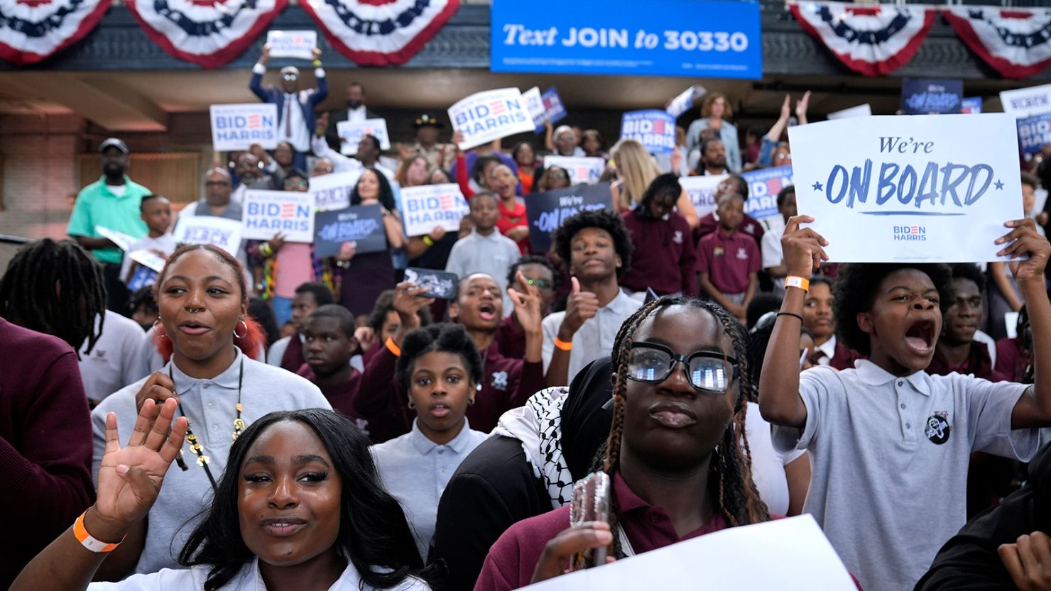 Supporters listen as President Joe Biden speaks during a campaign event at Girard College in Philadelphia on May 29, 2024.